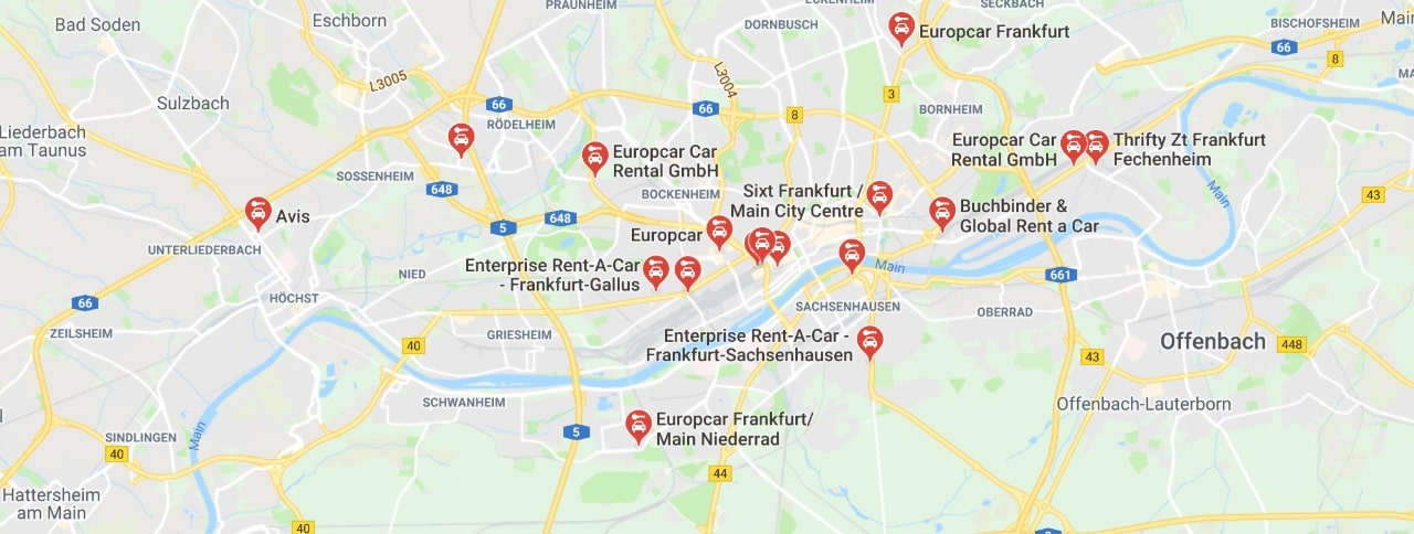 Map of Car-Rental Locations in Frankfurt City Centre.